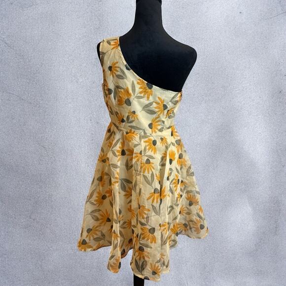 Sassafras Yellow Floral Organza One Shoulder Dress Medium - Picture 3 of 6